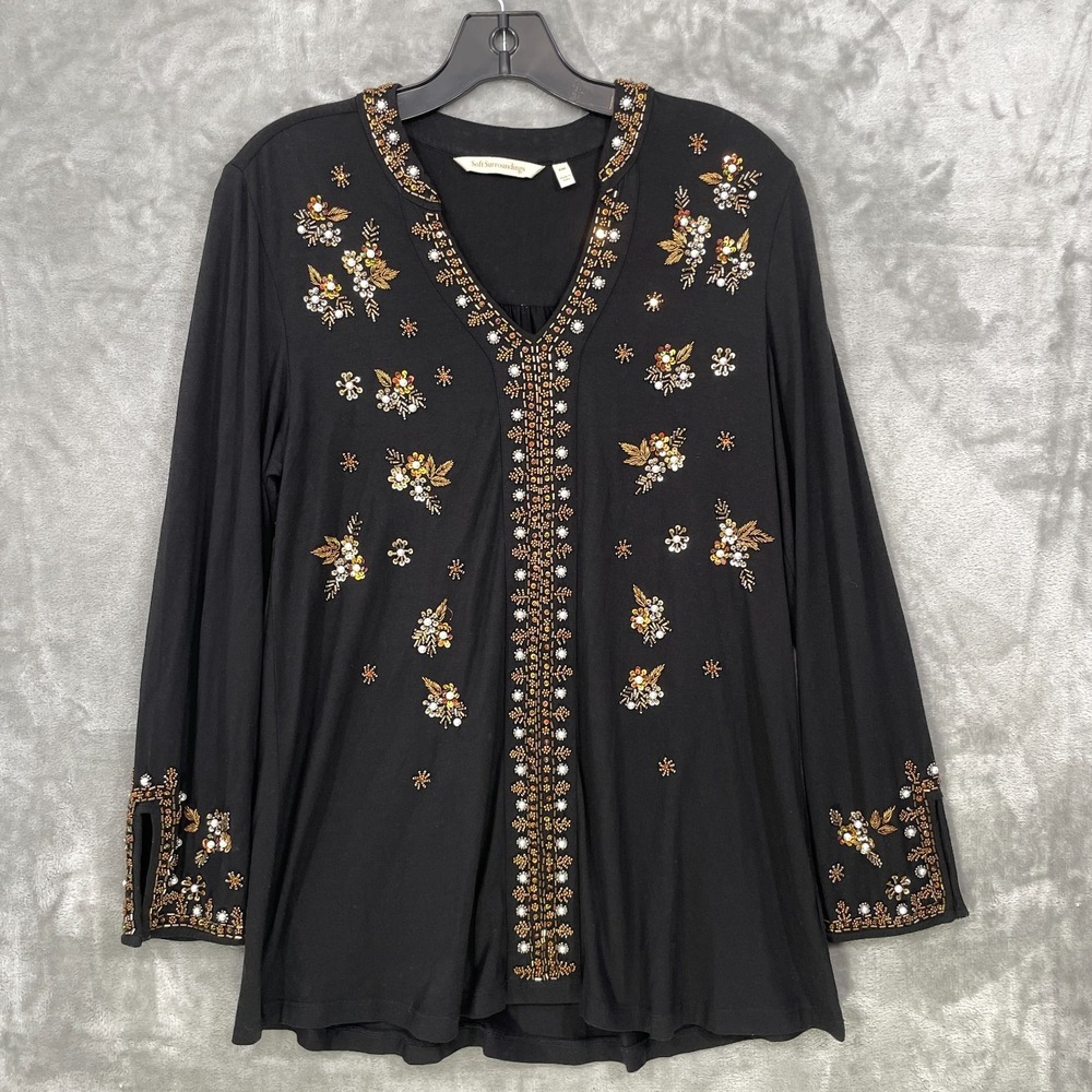 Soft Surroundings Black Festa Beaded Embroidered Tunic Top Size PM Holiday Glam
